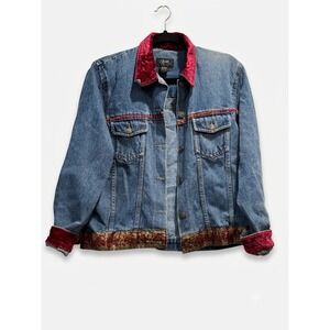 Agape Collection Denim Jacket M Medium Wash Red Velvet Trim Tapestry Embroidered